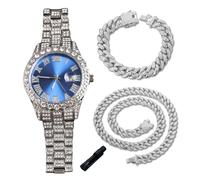 genkigold Montre en Diamants pour Ados Garçon - Cadran Rond 42mm Chiffres Romains en Bleue - Plaqué Platine Bracelet 20cm - Outil de Réglage Inclus, Associé à Chaînes Cubaines de 18cm+40cm