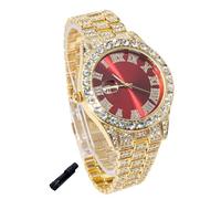 genkigold Montre en Diamants pour Ados Garçon - Cadran Rond 42mm Chiffres Romains en Rouge - Plaqué Or 18K Bracelet 20cm - Outil de Réglage Inclus