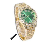 genkigold Montre en Diamants pour Ados Garçon - Cadran Rond 42mm Chiffres Romains en Verte - Plaqué Or 18K Bracelet 20cm - Outil de Réglage Inclus