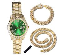 genkigold Montre en Diamants pour Ados Garçon - Cadran Rond 42mm Chiffres Romains en Verte - Plaqué Or 18K Bracelet 20cm - Outil de Réglage Inclus, Associé à Chaînes Cubaines de 18cm+40cm