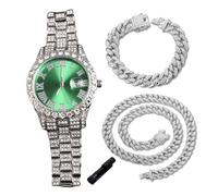 genkigold Montre en Diamants pour Ados Garçon - Cadran Rond 42mm Chiffres Romains en Verte - Plaqué Platine Bracelet 20cm - Outil de Réglage Inclus, Associé à Chaînes Cubaines de 18cm+40cm