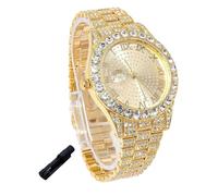 genkigold Montre en Diamants pour Ados Garçon - Cadran Rond 43mm Chiffres Romains - Plaqué Or Véritable 18K Bracelet 20,5cm - Outil de Réglage Inclus