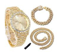 genkigold Montre en Diamants pour Ados Garçon - Cadran Rond 43mm Chiffres Romains - Plaqué Or Véritable 18K Bracelet 20,5cm - Outil de Réglage Inclus, Associé à Chaînes Cubaines de 18cm+40cm