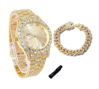 genkigold Montre en Diamants pour Ados Garçon - Cadran Rond 43mm Chiffres Romains - Plaqué Or Véritable 18K Bracelet 20,5cm - Outil de Réglage Inclus, Associé à Chaîne Cubaine de 18cm