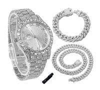 genkigold Montre en Diamants pour Ados Garçon - Cadran Rond 43mm Chiffres Romains - Plaqué Platine Bracelet 20,5cm - Outil de Réglage Inclus, Associé à Chaînes Cubaines de 18cm+40cm