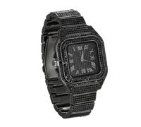 genkigold Montre en Diamants pour Homme - Cadran Carré 40mm Chiffres Romains - Plaqué Noir Rhodié Bracelet 22cm - Quartz Japonais - Bijou de Luxe