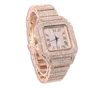 genkigold Montre en Diamants pour Homme - Cadran Carré 40mm Chiffres Romains - Plaqué Or Rose Bracelet 22cm - Quartz Japonais - Bijou de Luxe