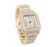 genkigold Montre en Diamants pour Homme - Cadran Carré 40mm Chiffres Romains - Plaqué Or Véritable 18K Bracelet 22cm - Quartz Japonais - Bijou de Luxe