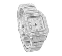 genkigold Montre en Diamants pour Homme - Cadran Carré 40mm Chiffres Romains - Plaqué Platine Bracelet 22cm - Quartz Japonais - Bijou de Luxe