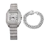 genkigold Montre en Diamants pour Homme - Cadran Carré 40mm Chiffres Romains - Plaqué Platine Bracelet 22cm - Quartz Japonais - Bijou de Luxe - Associé à Chaîne Cubaine de 20cm