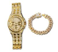 genkigold Montre en Diamants pour Homme - Cadran Octogonal 38mm Chiffres Romains - Plaqué Or Véritable 18K Bracelet 23cm - Quartz Japonais - Bijou de Luxe - Associé à Chaîne Cubaine de 20cm