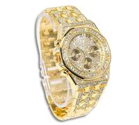 genkigold Montre en Diamants pour Homme - Cadran Octogonal 38mm Chiffres Romains - Plaqué Or Véritable 18K Bracelet 23cm - Quartz Japonais - Bijou de Luxe