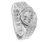 genkigold Montre en Diamants pour Homme - Cadran Octogonal 38mm Chiffres Romains - Plaqué Platine Bracelet 23cm - Quartz Japonais - Bijou de Luxe