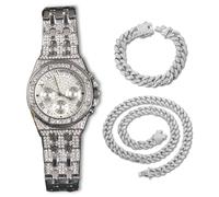 genkigold Montre en Diamants pour Homme - Cadran Octogonal 38mm Chiffres Romains - Plaqué Platine Bracelet 23cm - Quartz Japonais - Bijou de Luxe - Associé à Chaînes Cubaines de 20cm+45cm