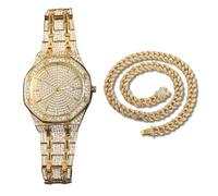genkigold Montre en Diamants pour Homme - Cadran Octogonal 41mm Chiffres Romains - Plaqué Or Véritable 18K Bracelet 22cm - Quartz Japonais - Bijou de Luxe - Associé à Chaîne Cubaine de 45cm