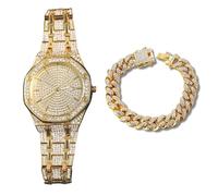 genkigold Montre en Diamants pour Homme - Cadran Octogonal 41mm Chiffres Romains - Plaqué Or Véritable 18K Bracelet 22cm - Quartz Japonais - Bijou de Luxe - Associé à Chaîne Cubaine de 20cm