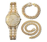 genkigold Montre en Diamants pour Homme - Cadran Octogonal 41mm Chiffres Romains - Plaqué Or Véritable 18K Bracelet 22cm - Quartz Japonais - Bijou de Luxe - Associé à Chaînes Cubaines de 20cm+45cm