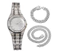 genkigold Montre en Diamants pour Homme - Cadran Octogonal 41mm Chiffres Romains - Plaqué Platine Bracelet 22cm - Quartz Japonais - Bijou de Luxe - Associé à Chaînes Cubaines de 20cm+45cm
