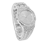 genkigold Montre en Diamants pour Homme - Cadran Octogonal 41mm Chiffres Romains - Plaqué Platine Bracelet 22cm - Quartz Japonais - Bijou de Luxe
