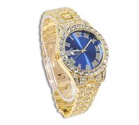 genkigold Montre en Diamants pour Homme - Cadran Rond 40mm Chiffres Romains en Bleue - Plaqué Or Véritable 18K Bracelet 22cm - Quartz Japonais - Bijou de Luxe