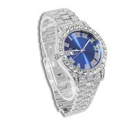 genkigold Montre en Diamants pour Homme - Cadran Rond 40mm Chiffres Romains en Bleue - Plaqué Platine Bracelet 22cm - Quartz Japonais - Bijou de Luxe