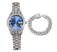 genkigold Montre en Diamants pour Homme - Cadran Rond 40mm Chiffres Romains en Bleue - Plaqué Platine Bracelet 22cm - Quartz Japonais - Bijou de Luxe - Associé à Chaîne Cubaine de 20cm
