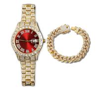 genkigold Montre en Diamants pour Homme - Cadran Rond 40mm Chiffres Romains en Rouge - Plaqué Or Véritable 18K Bracelet 22cm - Quartz Japonais - Bijou de Luxe - Associé à Chaîne Cubaine de 20cm