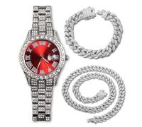 genkigold Montre en Diamants pour Homme - Cadran Rond 40mm Chiffres Romains en Rouge - Plaqué Platine Bracelet 22cm - Quartz Japonais - Bijou de Luxe - Associé à Chaînes Cubaines de 20cm+45cm
