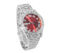 genkigold Montre en Diamants pour Homme - Cadran Rond 40mm Chiffres Romains en Rouge - Plaqué Platine Bracelet 22cm - Quartz Japonais - Bijou de Luxe