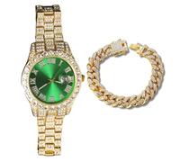 genkigold Montre en Diamants pour Homme - Cadran Rond 40mm Chiffres Romains en Verte - Plaqué Or Véritable 18K Bracelet 22cm - Quartz Japonais - Bijou de Luxe - Associé à Chaîne Cubaine de 20cm