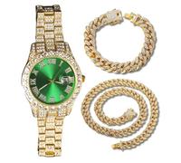 Genkigold Montre en Diamants pour Homme - Cadran Rond 40mm Chiffres Romains en Verte - Plaqué Or Véritable 18K Bracelet 22cm - Quartz Japonais - Bijou de Luxe - Associé à Chaînes Cubaines de 20cm+45cm