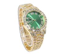 genkigold Montre en Diamants pour Homme - Cadran Rond 40mm Chiffres Romains en Verte - Plaqué Or Véritable 18K Bracelet 22cm - Quartz Japonais - Bijou de Luxe