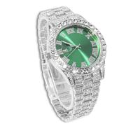 genkigold Montre en Diamants pour Homme - Cadran Rond 40mm Chiffres Romains en Verte - Plaqué Platine Bracelet 22cm - Quartz Japonais - Bijou de Luxe