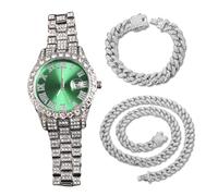 genkigold Montre en Diamants pour Homme - Cadran Rond 40mm Chiffres Romains en Verte - Plaqué Platine Bracelet 22cm - Quartz Japonais - Bijou de Luxe - Associé à Chaînes Cubaines de 20cm+45cm