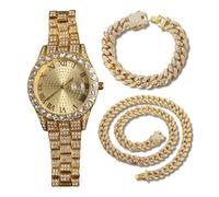 genkigold Montre en Diamants pour Homme - Cadran Rond 43mm Chiffres Romains - Plaqué Or Véritable 18K Bracelet 22,5cm - Quartz Japonais - Bijou de Luxe - Associé à Chaînes Cubaines de 20cm+45cm