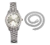 genkigold Montre en Diamants pour Homme - Cadran Rond 43mm Chiffres Romains - Plaqué Platine Bracelet 22,5cm - Quartz Japonais - Bijou de Luxe - Associé à Chaîne Cubaine de 45cm