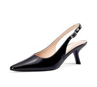 GENSHUO Escarpins Slingback à Talons Kitten pour Femme à Bout Pointu Confortables pour Cérémonies, Fêtes et Mariages, Vernis Noir, 38.5 EU