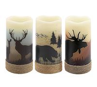 GenSwin Lot de 3 bougies LED sans flamme vacillantes avec corde de chanvre et minuterie 6H, fonctionne à piles, bougies rustiques en cire véritable, lumière chaude avec cerf, élan et ours,