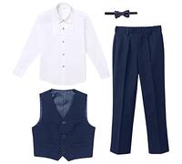 Gentilhomme Tenues de Smoking pour Garçon Chemise à Manche Longue avec Noeud Papillon Gilet Pantalon Ensemble de Vêtements de 4 Pièces pour Formel Fête di Mariage Cérémonie Bleu Marine 5-6 Ans