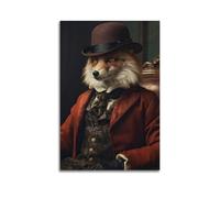 Gentleman Vintage Fox Portrait Peinture à l'huile Impression botanique sombre Galerie murale Moody Art mural Poster fantaisie animal de la forêt fantaisiste 50 x 75 cm
