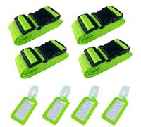 Gentpovth Lot de 4 Sangles de Bagage Réglables avec Boucle, avec 4pcs étiquette Nominative et d'adresse, Boucle Ceinture Elastique, pour Voyager en Toute sécurité en Avion Bagages Fixes, Vert Vif