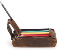 Genuine Leather Pencil Case With Zipper And Engraved Words On Pencil Case, Coffee, 20.5*7*6cm, Pencil Case