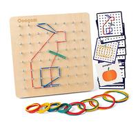 Géoboard en Bois avec Cartes de Motifs D'activité et Rubber Band - 8x8 Épingles Pegboard avec Bande de Caoutchouc Montessori Puzzle de Forme Inspire l'imagination et la Créativité de l'enfant