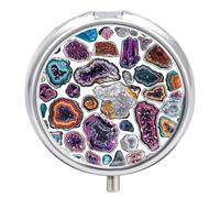 Geodes and Rocks Pilulier de voyage à 3 compartiments avec miroir - Pilulier quotidien en métal pour sac à main et poche - Petite boîte à médicaments ronde - Boîte à vitamines