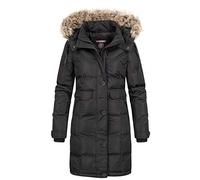 Geographical Norway Parka d'hiver pour femme - Capuche en fourrure synthétique amovible - Poignets tempêts - Patches - Bleu marine, Noir , XL