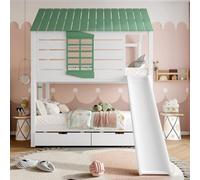 GEOKILO Lit superposé, 90 x 200 cm, pour 2 enfants, mezzanine, en bois, avec sommier à lattes, toboggan et échelle et lit gigogne, cabane dans les arbres, avec protection anti-chute, sans matelas