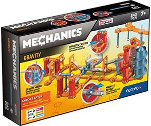 GEOMAG - Mechanics Gravity - Lance & Piège - 243 Pièces - Circuit Construction Magnétique pour Enfants dès 7 Ans - Fabrication Suisse - 11 Barrettes Magnétiques, 36 Sphères, 196 Éléments Mécaniques