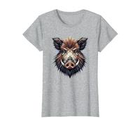 Geometric Art Cochon Sauvage Chasse Sanglier Chasseur T-Shirt, Femme, Gris Chiné, XS