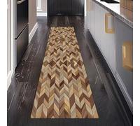 Géométrie Assemblée Tapis de Passage 50 x 280 cm, Planche en Bois Brun Tapis Cuisine Antidérapant Lavable, Carpet Interieur pour Salon Chambre à Coucher Descente de lit Entree