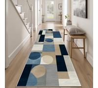 Géométrique Cercle Tapis de Couloir Long 60 x 180 cm, Abstrait Carré Tapis Cuisine Devant Evier Antidérapant Lavable, Moderne Rectangle Carpet pour Salon Chambre à Coucher Descente de lit Interieur
